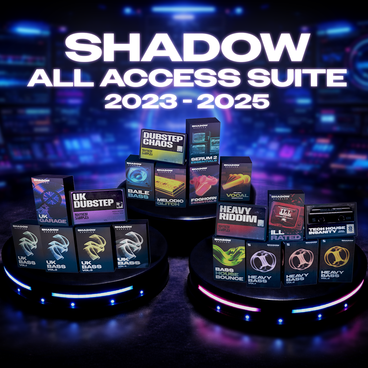 Shadow Samples All Access Suite: Product Image, 3D Box Art, Sample packs, Bundles, Dubstep, House, Serum 2, Riddim, Foghorn, Vocal, Baile, Bass, UK Garage, Heavy, Tech House