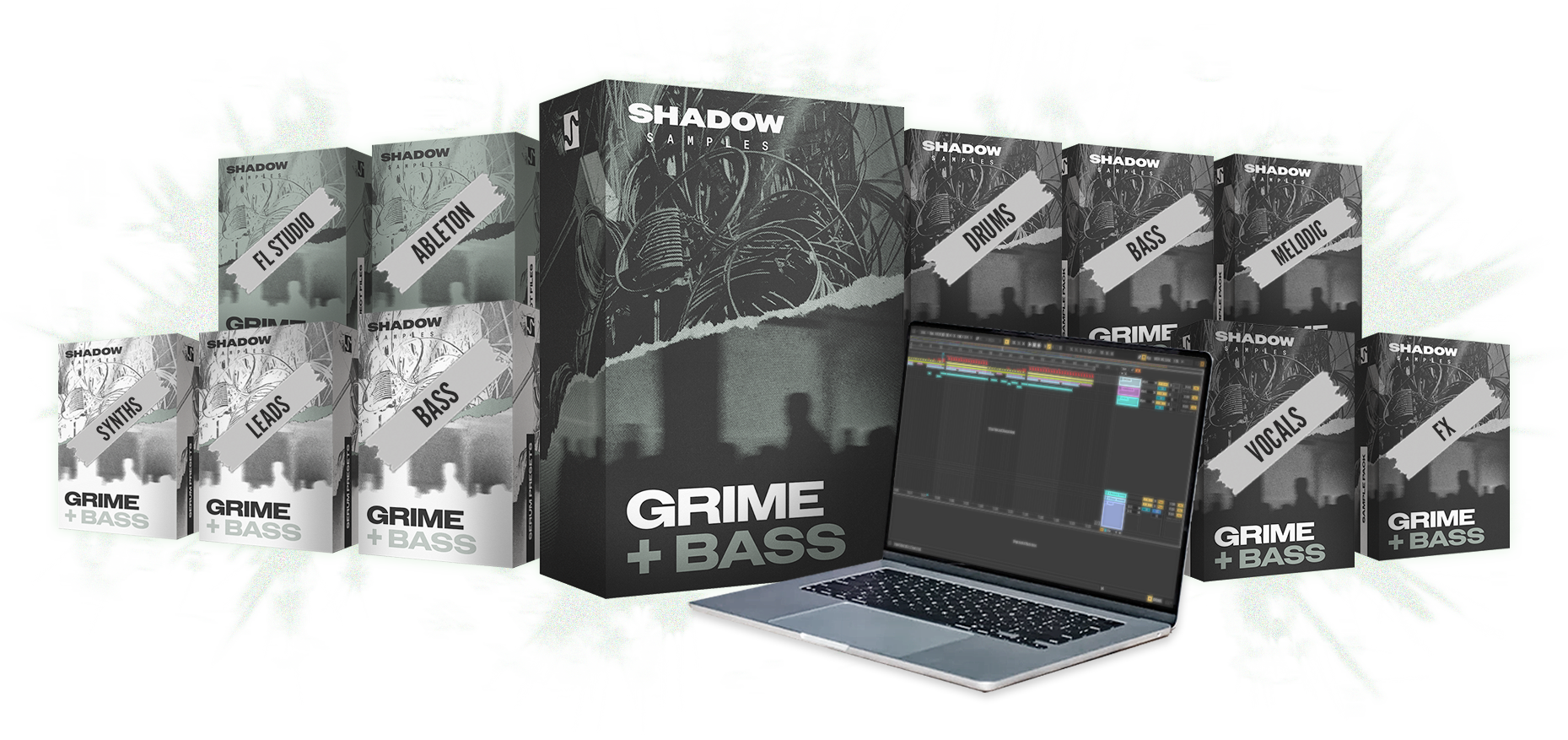 Shadow Samples Grime + Bass The Complete Bundle Sample Pack Serum 2 Presets Project Files Boxart Collection Overview Laptop Visual Asset