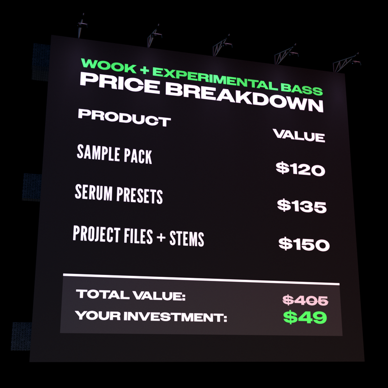 Shadow Samples Wook + Experimental Bass Price Breakdown Billboard Visual Asset Sample Pack Serum 2 Presets Project Files + Stems