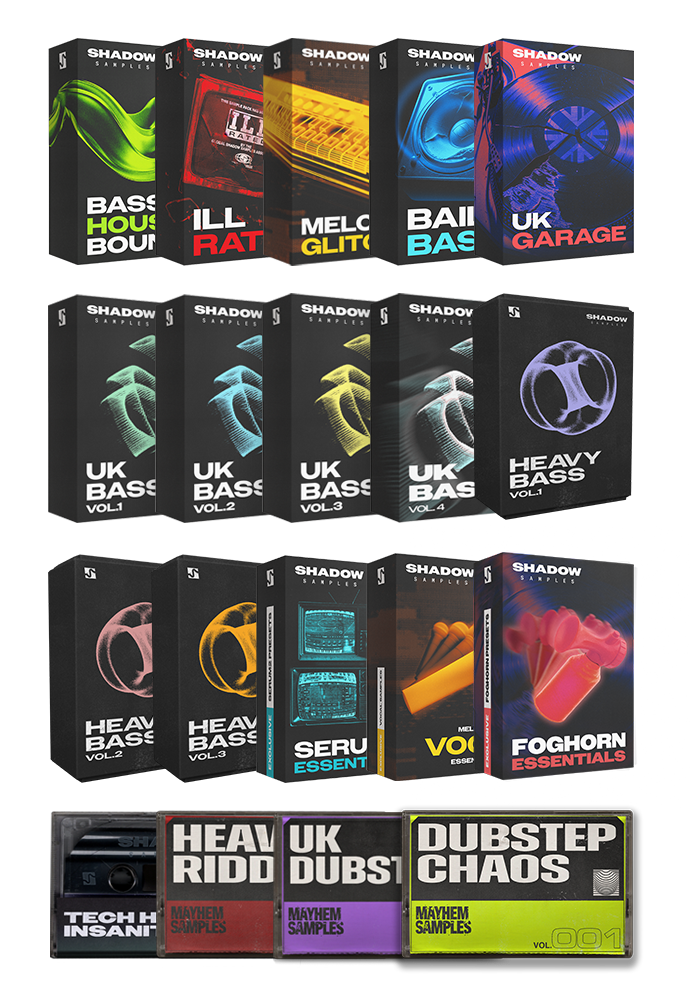 Shadow Samples All Access Suite: Product Image, Box Art, Pack Collection, Sample packs, Bundles, Dubstep, House, Serum 2, Riddim, Foghorn, Vocal, Baile, Bass, UK Garage, Heavy, Tech House