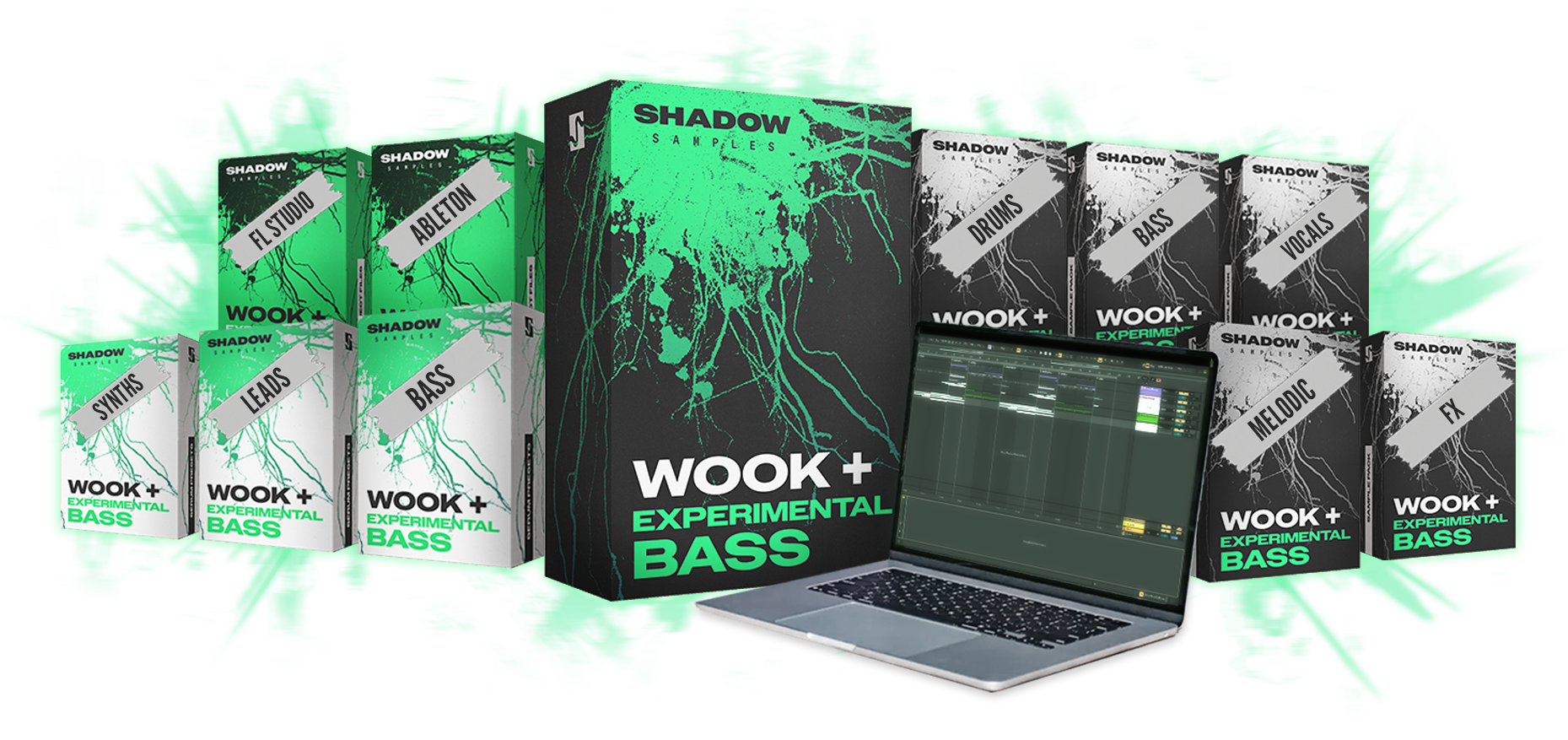 Shadow Samples Wook + Experimental Bass Overview Collection Individual Sample Pack Serum 2 Presets Project Files + Stems Ableton FL Studio Box Art